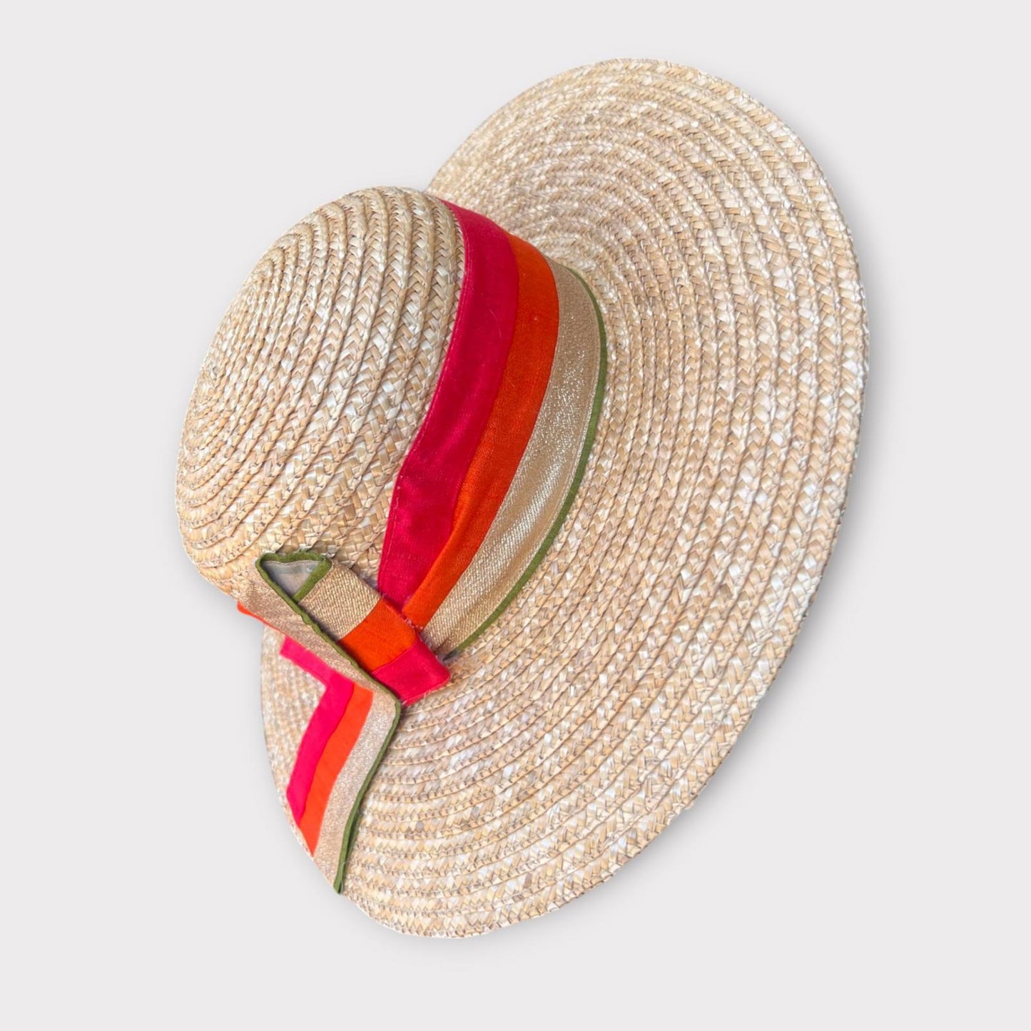 WOMEN'S VINTAGE UPCYCLED LIGHT CREAM WOVEN SUN HAT, BRIGHT TABLE RUNNER TRIM