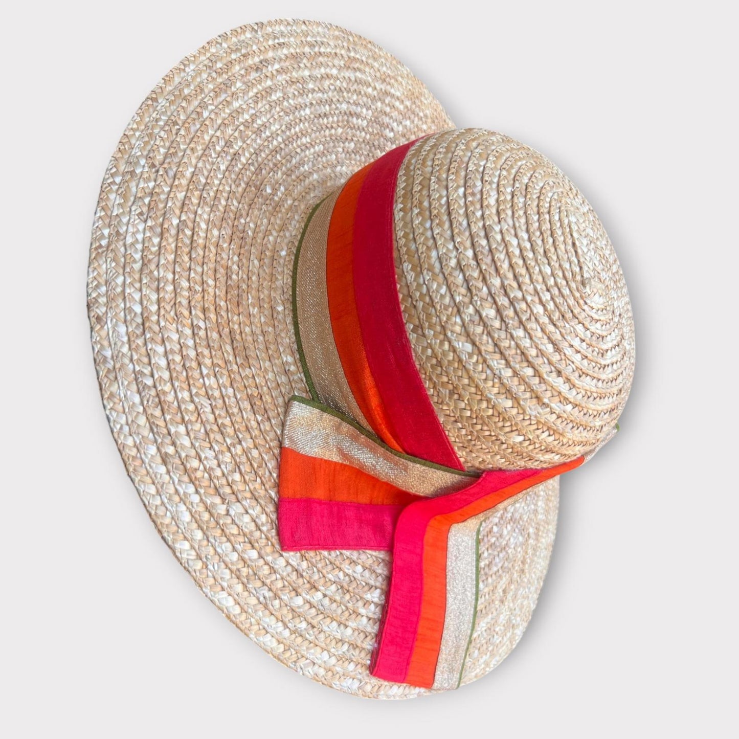 WOMEN'S VINTAGE UPCYCLED LIGHT CREAM WOVEN SUN HAT, BRIGHT TABLE RUNNER TRIM