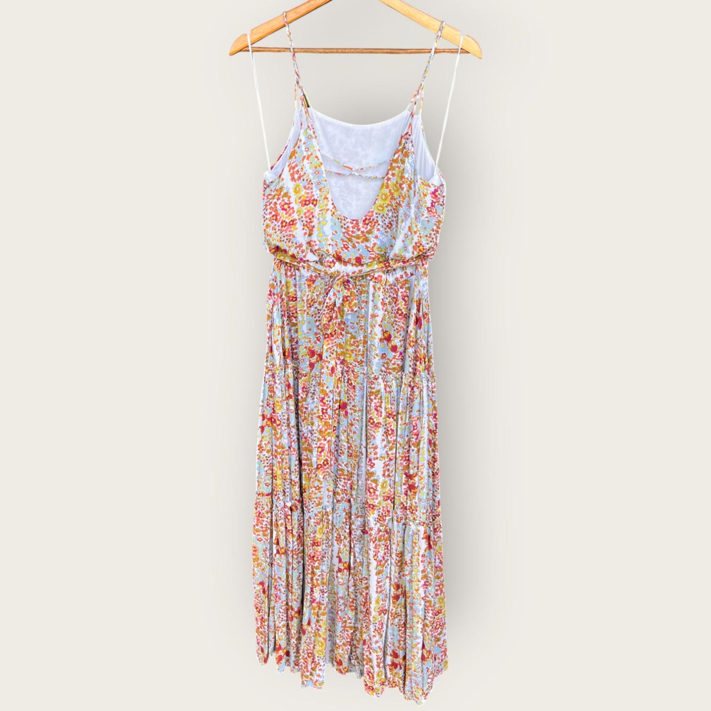 WOMEN'S FREE PEOPLE VALERIE MAXI DRESS - FLORAL TIERED RUFFLE XS CREAM/TAN/BLUE