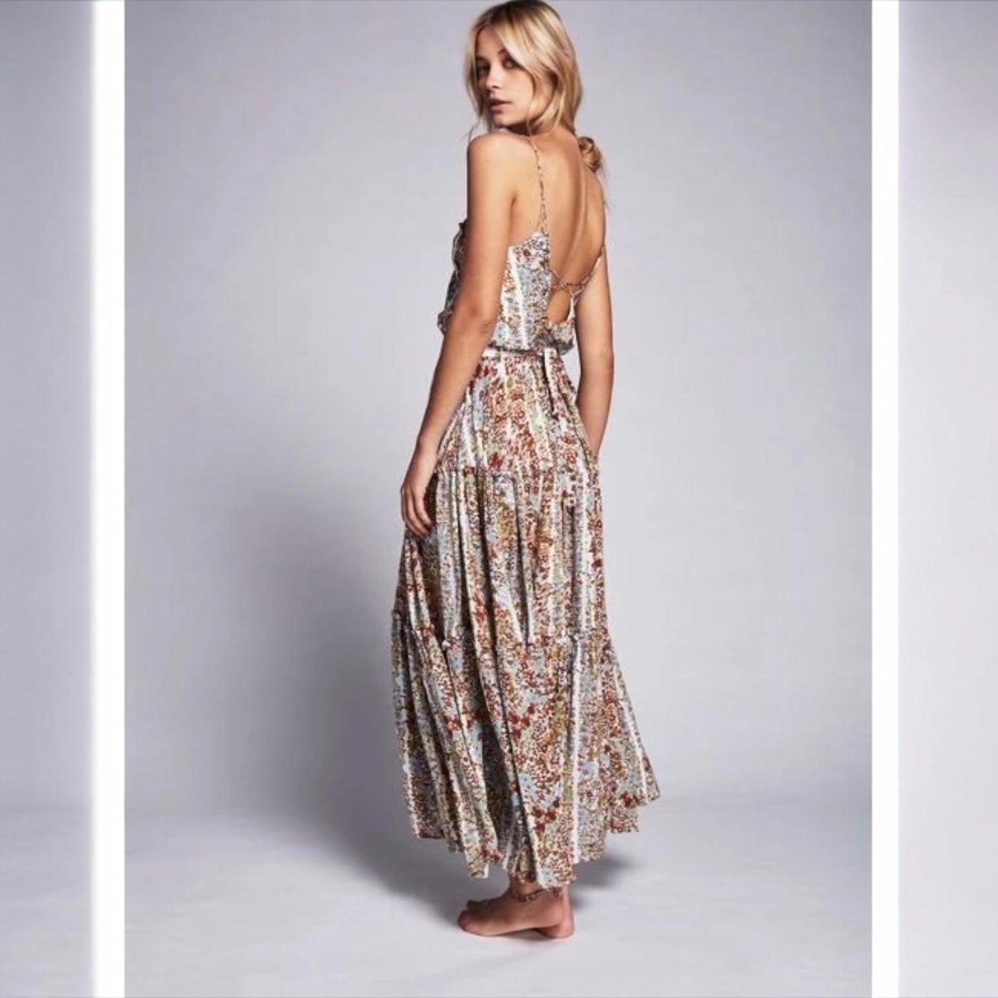 WOMEN'S FREE PEOPLE VALERIE MAXI DRESS - FLORAL TIERED RUFFLE XS CREAM/TAN/BLUE
