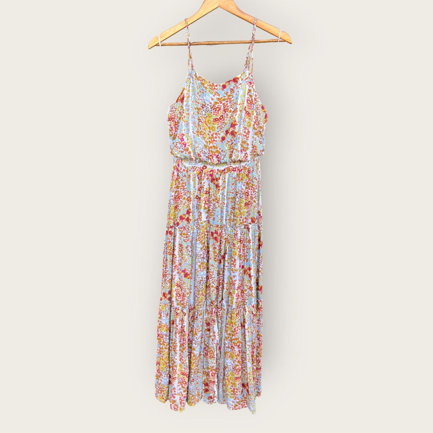 WOMEN'S FREE PEOPLE VALERIE MAXI DRESS - FLORAL TIERED RUFFLE XS CREAM/TAN/BLUE