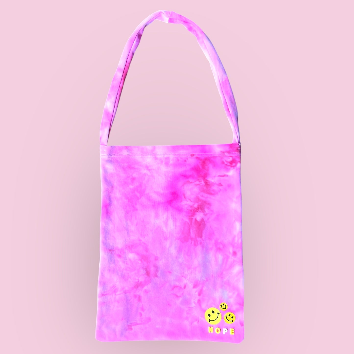 Up-cycled "Nope" Tote- Smiley Corner Neon Pink