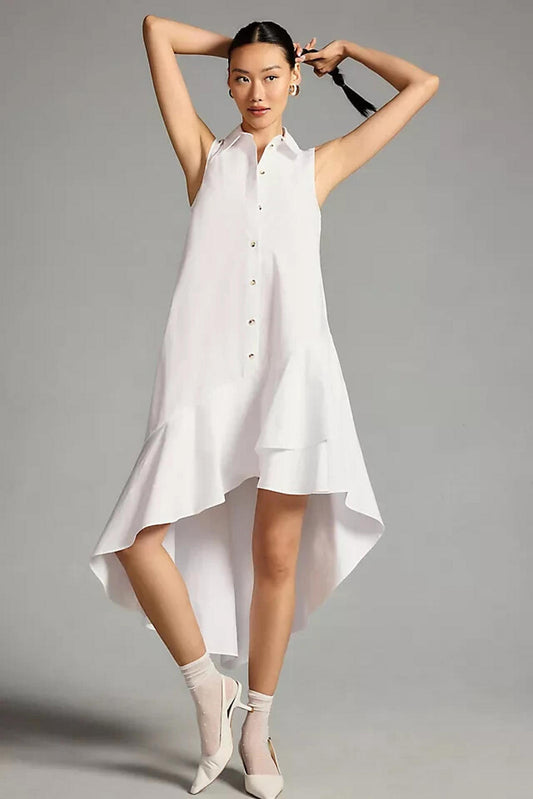 Anthropologie Asymmetrical Dress Small White Sleeveless Buttonup Ruffle-Hem